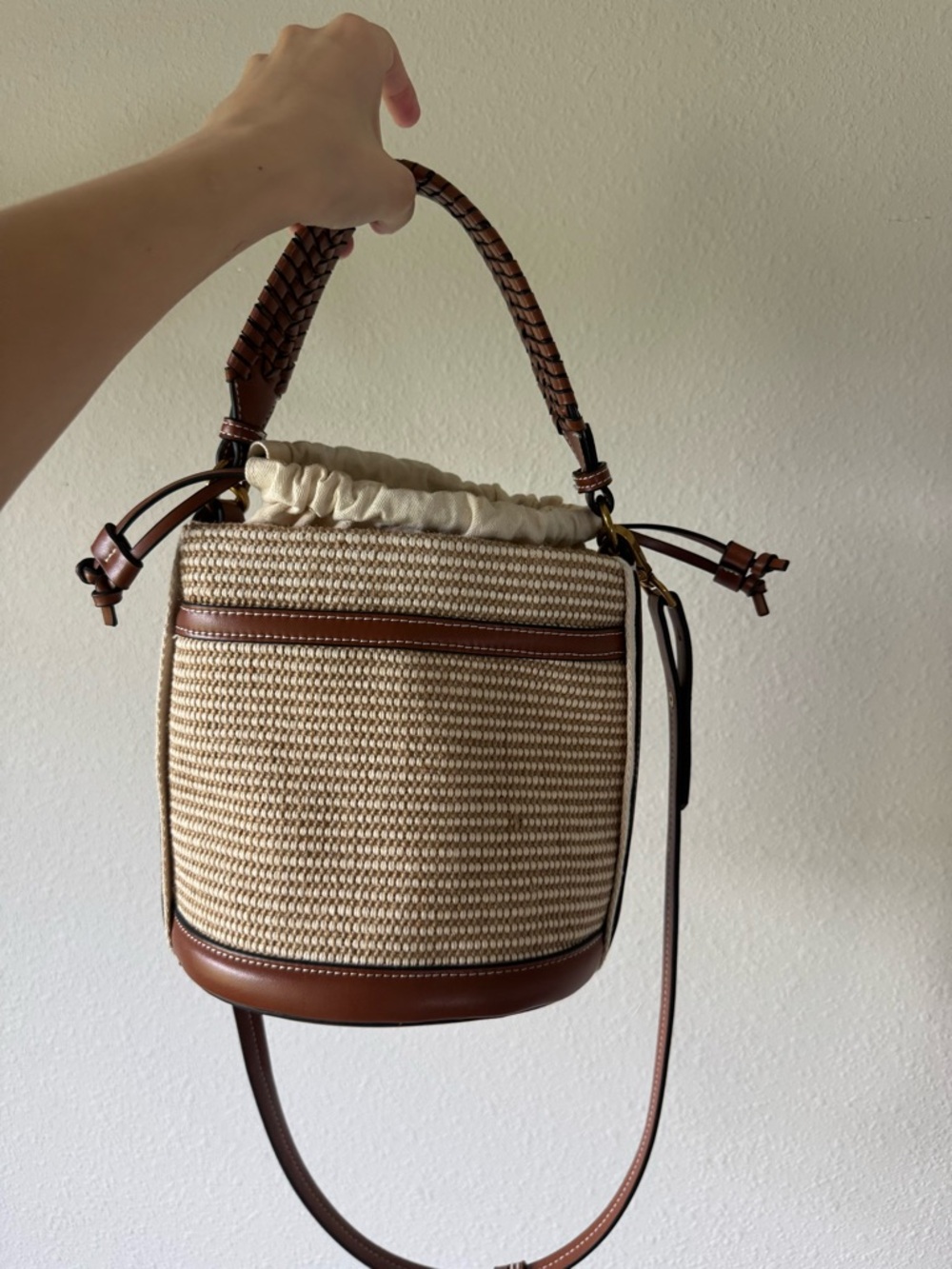 Zara Cream Woven Bucket Bag with Brown Leather Trim - Picture 9 of 12